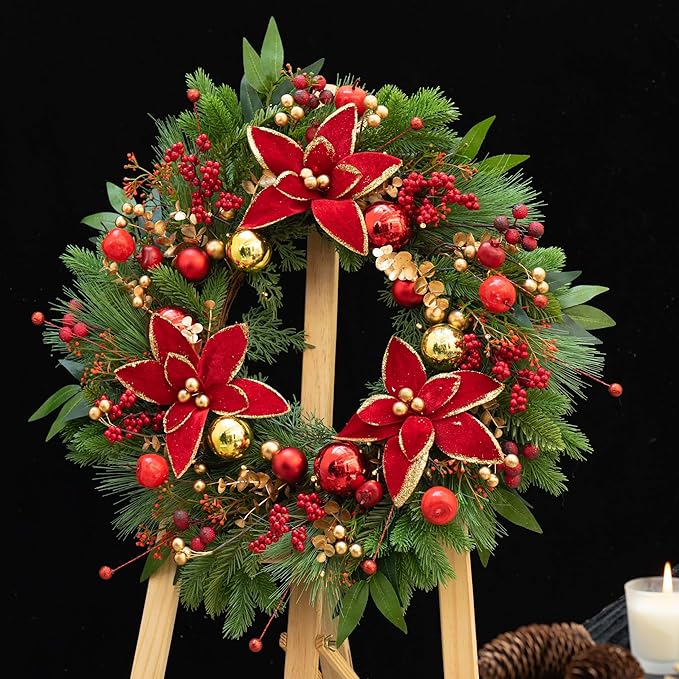 Christmas Wreaths for Front Door- 24 Inch Outdoor Prelit Christmas Door Wreath with Lights, Lighted Xmas Wreath with Poinsettia Flowers,Red Berries,Golden Ball- Home Christmas Decorations