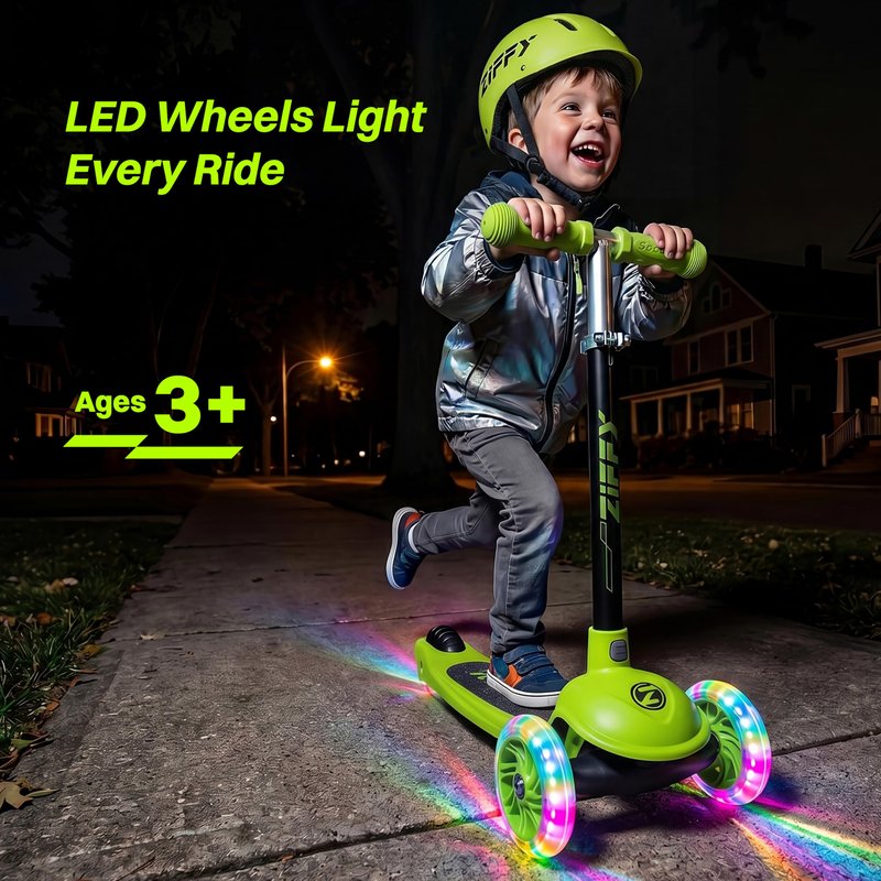 JOVA ZIFFY 3 Wheel Scooter for Kids 3-5, Toddler Kick Scooters with LED Light-Up Wheels for Boys and Girls, 5 Adjustable Height and Lean-to-Steer Design, Support up to 110 lbs, Green