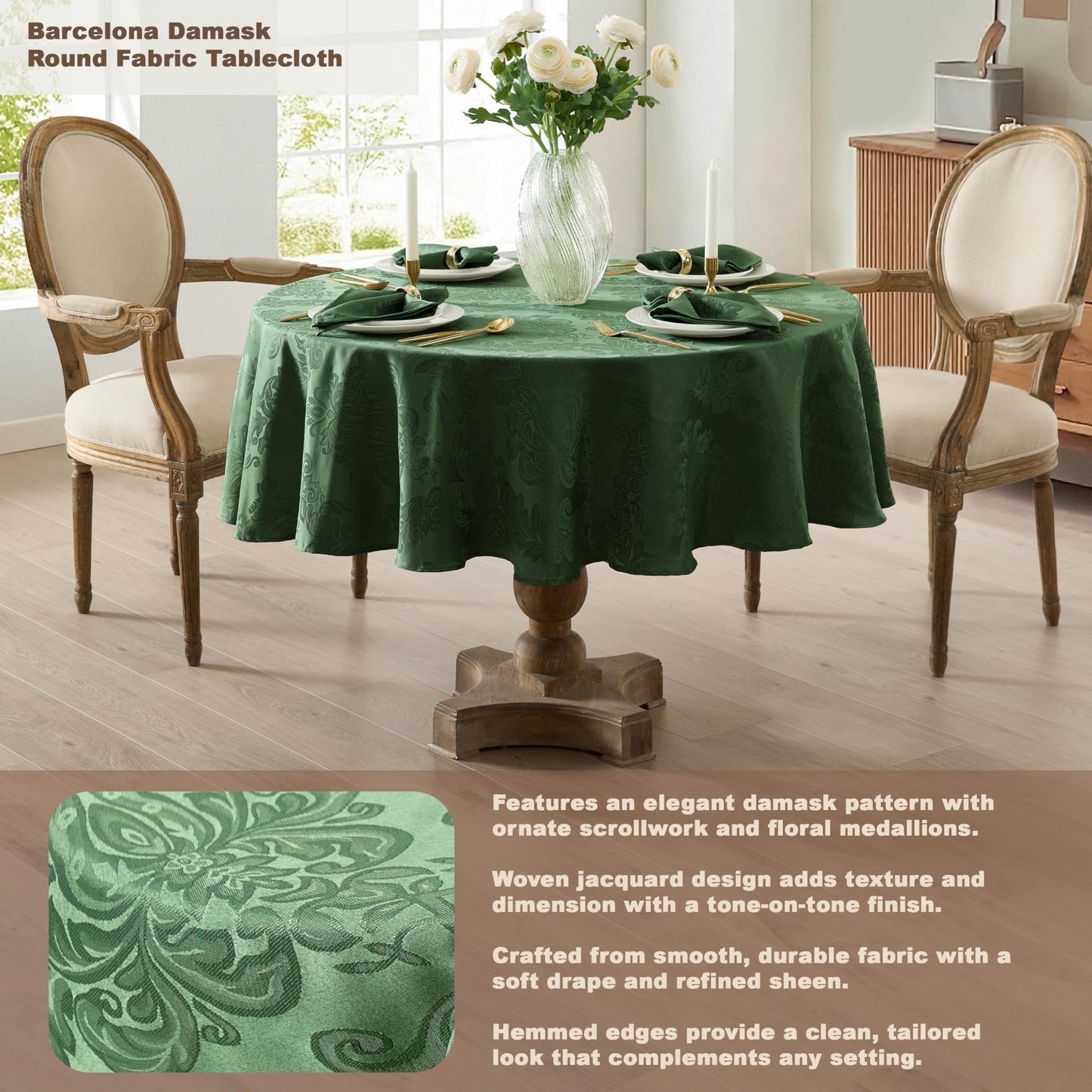 Newbridge Christmas Barcelona Damask Fabric Tablecloth, 70 Inch Round, Hunter Green – No Iron, Soil Resistant Table Cover for Dining, Parties and Holidays