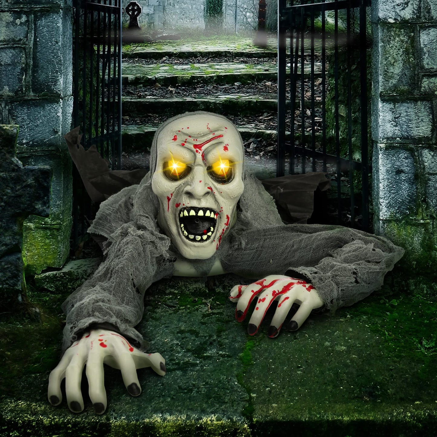 JOYIN Halloween Decorations Outdoor Light-Up Zombie Groundbreaker with bloodstain and Creepy Sound for Halloween Outside Decor, Lawn, Yard, Patio, Graveyard Decoration, Haunted House Prop