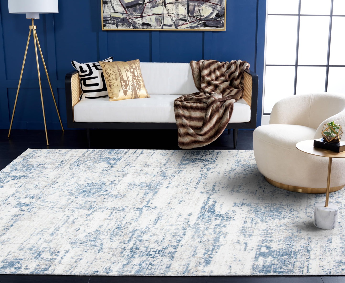 SAFAVIEH Amelia Collection Area Rug - 6' x 9', Ivory & Blue, Modern Abstract Design, Non-Shedding & Easy Care, Ideal for High Traffic Areas in Living Room, Bedroom (ALA700A)