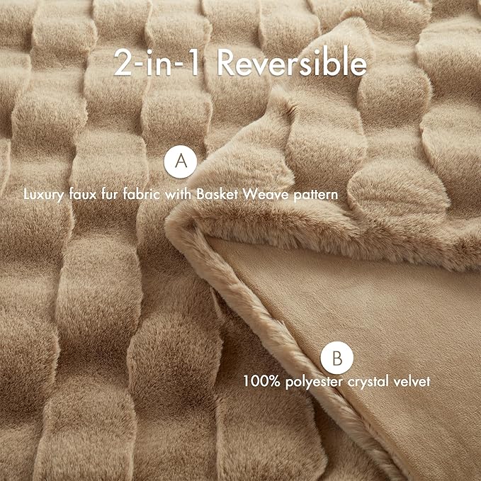 Madison Park Luxuriously Cozy Soft Long Faux Fur Basketweave Blanket, Reversible Soft & Snuggly Velvet Throw, Lightweight, Breathable, All Season, Trendy Room Décor, 50x60, Tan