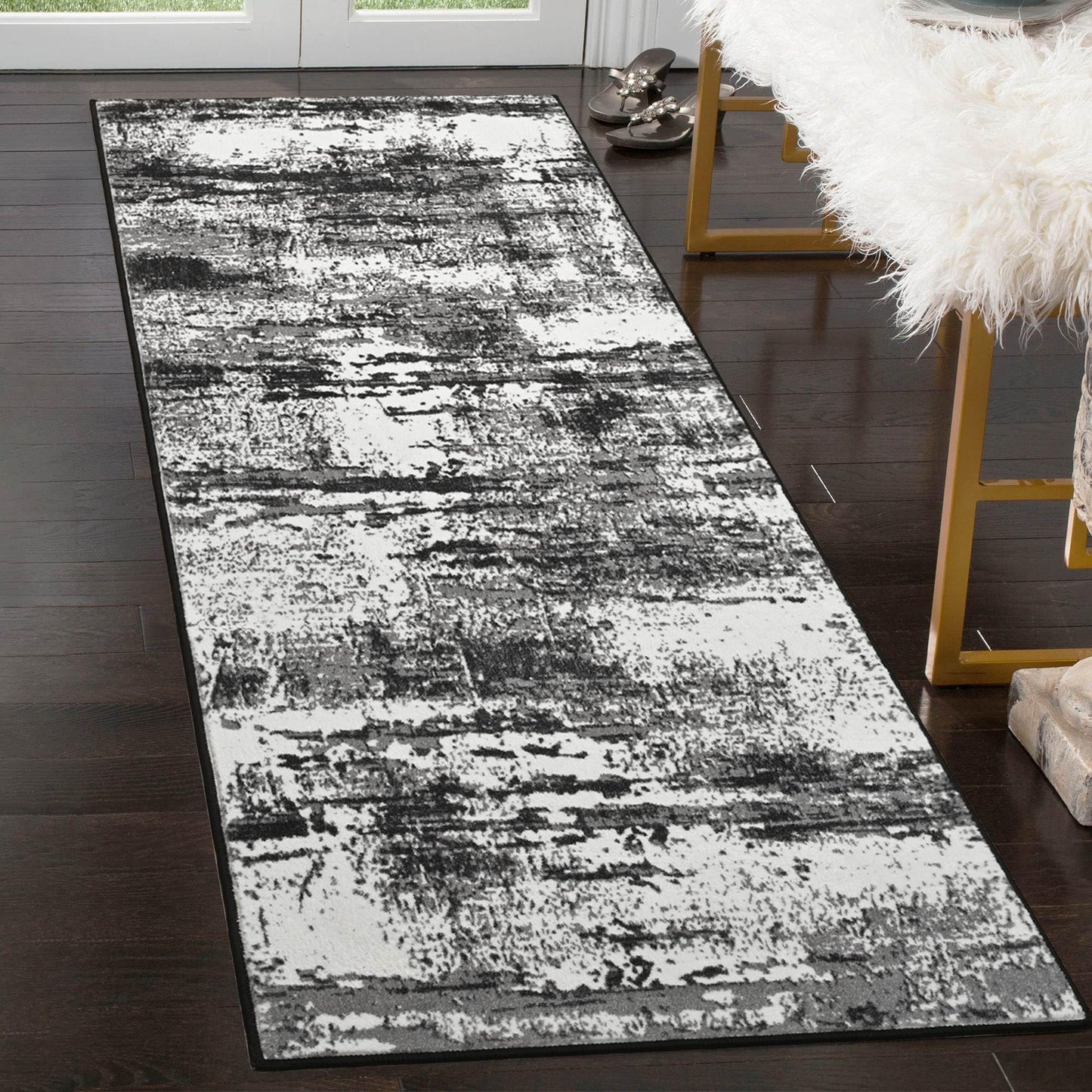 Runner Rug 2x6 Washable Rug Runners for Hallways Kitchen Non-Slip Rugs Abstract Print Soft Faux Wool Carpet Runner for Entryway Indoor, Bedroom Bedside, Laundry, Dorm, Home Decor (Black and Grey)