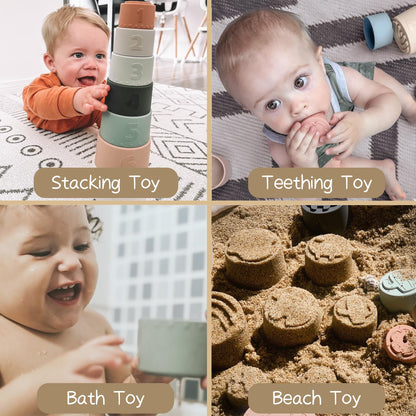 Moonkie Baby Stacking Cups Toy Silicone, Teether for Baby, Early Development & Activity Toys, Silicone Soft Teething Toy, for Bath Play, Stacking Toys 7 Piece Set