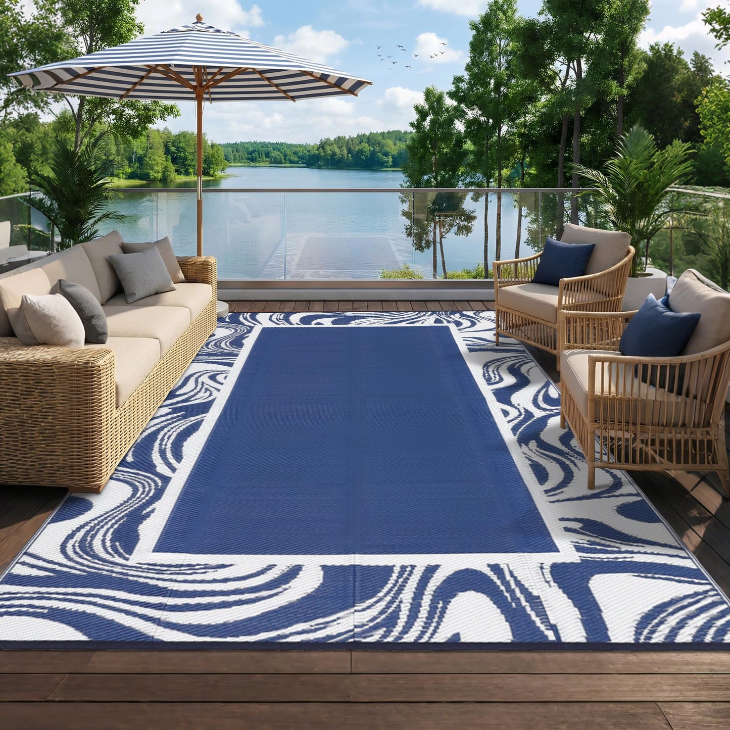 Garvee Outdoor Rug 5x8 Modern Bordered Camping Rug Foldable Plastic Straw Rugs Waterproof Abstract Reversible Large Outdoor Carpet for Patio, RV, Deck, Balcony, Backyard, Picnic, Beach, Clover,Navy