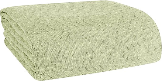 BELIZZI HOME 100% Cotton Bed Blanket, Breathable Thermal Blanket King Size, Soft Chevron 90inchx102inch, Perfect for Layering Any All Season, Sage Green, (90inchx102inch)