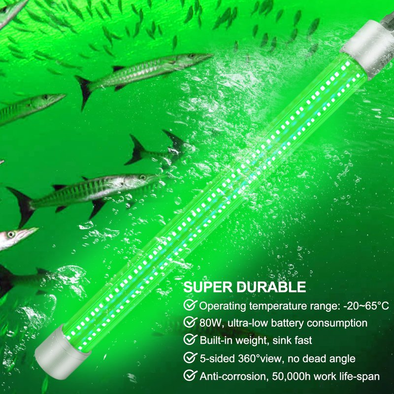 AGOOL Underwater Green Fishing Light Super Bright 80W 40000 Lumens 12V LED Deep Drop Night Fishing Light Submersible Fishing Bait Finder Shrimping Lights for Snook Crappie Shrimp Squid Fish