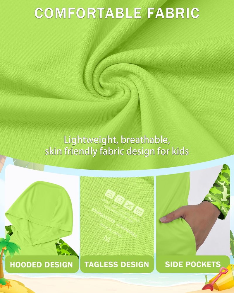 DRONIRING Boys Rash Guard Swim Hoodie, UPF 50+ UV Sun Protection Long Sleeve Fishing Shirt, Kids Youth SPF Water Shirts Lime Green