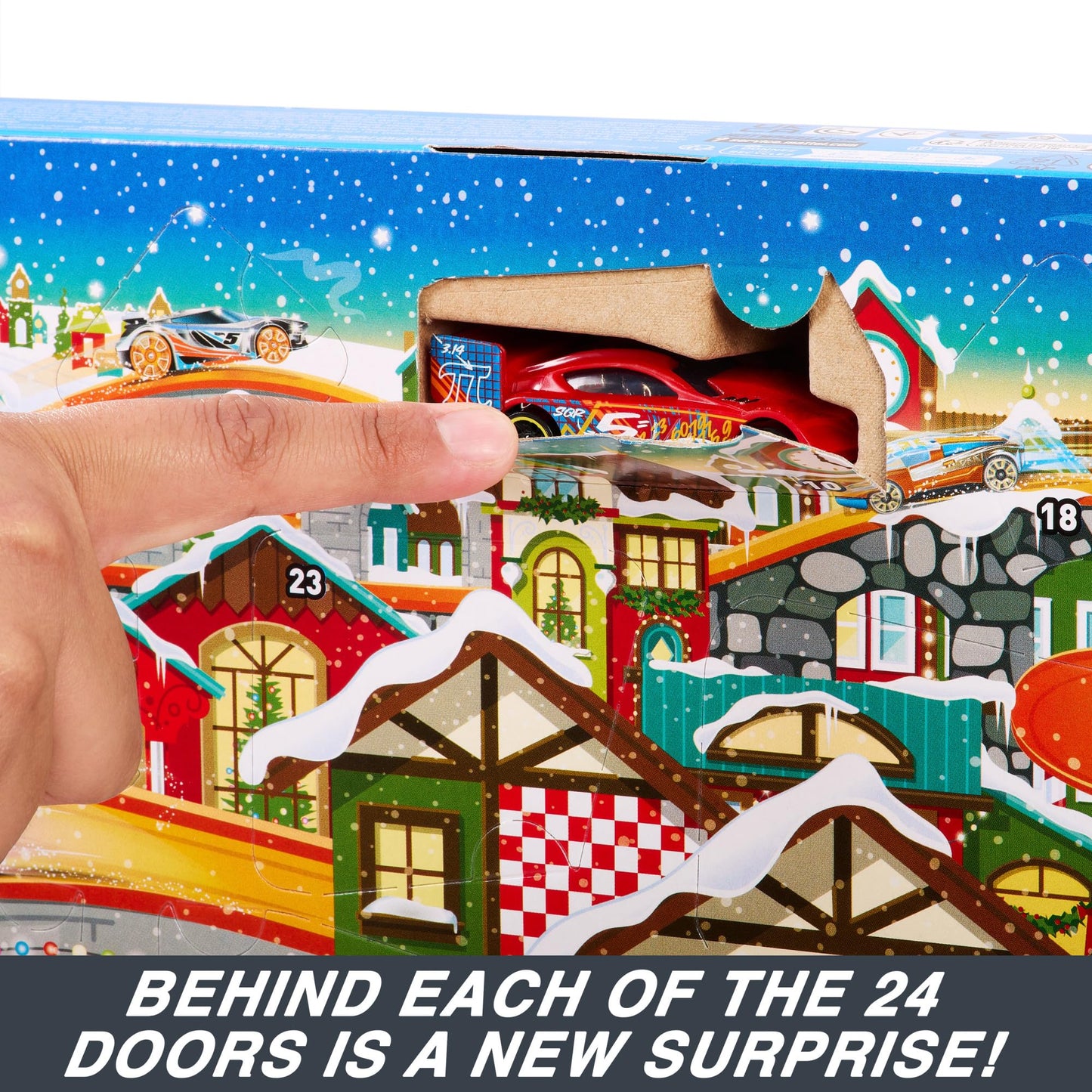 Hot Wheels Advent Calendar, 8 Hot Wheels Cars and 16 Winter-Themed Accessories behind 24 Numbered Doors Plus a Playmat, For Kids & Hot Wheels Fans, HKL74