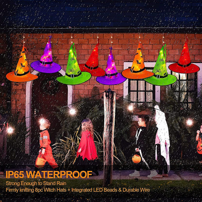 MZD8391 Halloween Decorations Lighted Witch Hats, 8Pcs Hanging Glowing Witch Hats 44ft Halloween Outdoor Lights String with 8 Lighting Modes for Outdoor, Garden, Yard, Tree