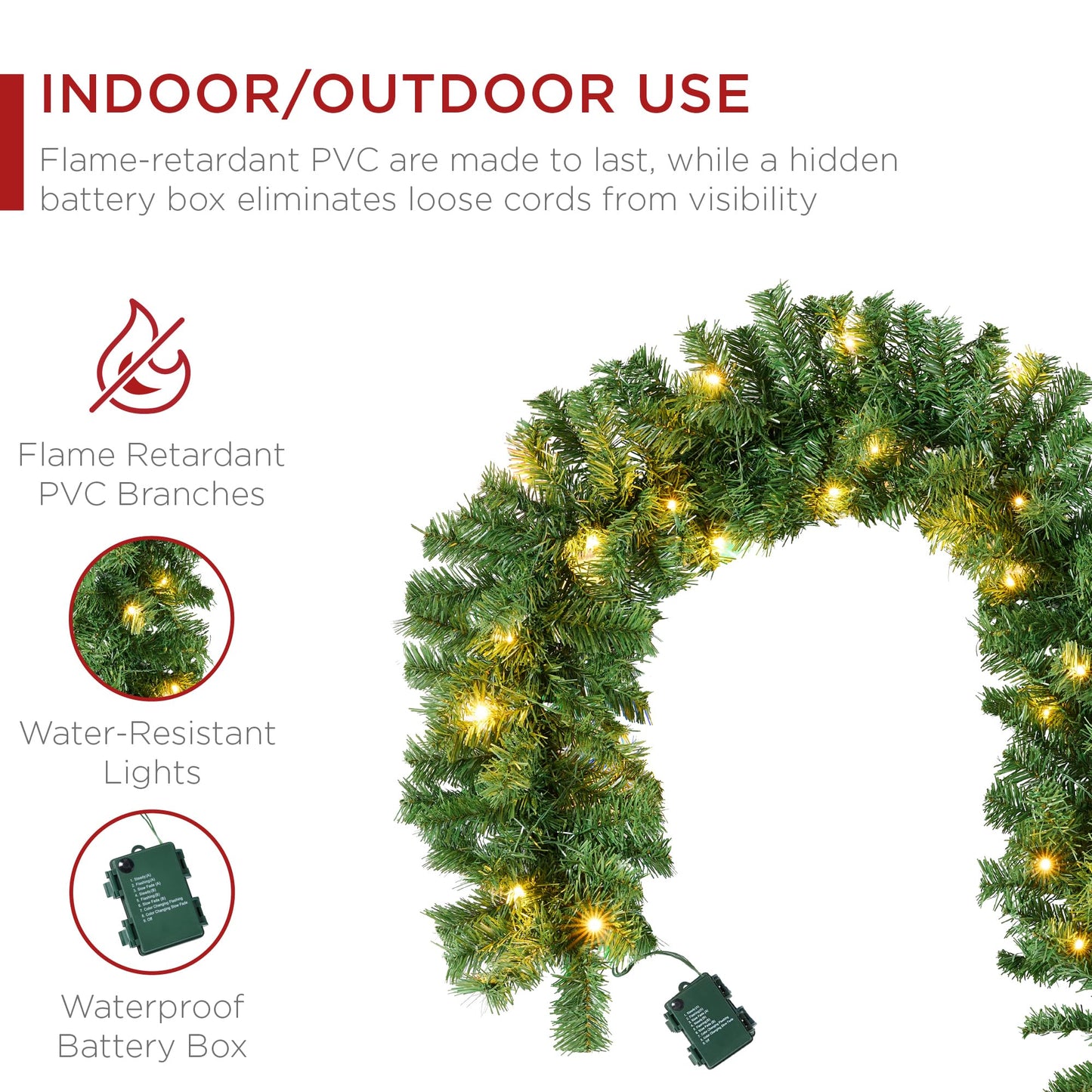 Best Choice Products 9ft Pre-Lit Battery Powered Christmas Garland for Stairs, Traditional Fireplace Holiday Decoration w/ 50 2-in-1 LED Lights