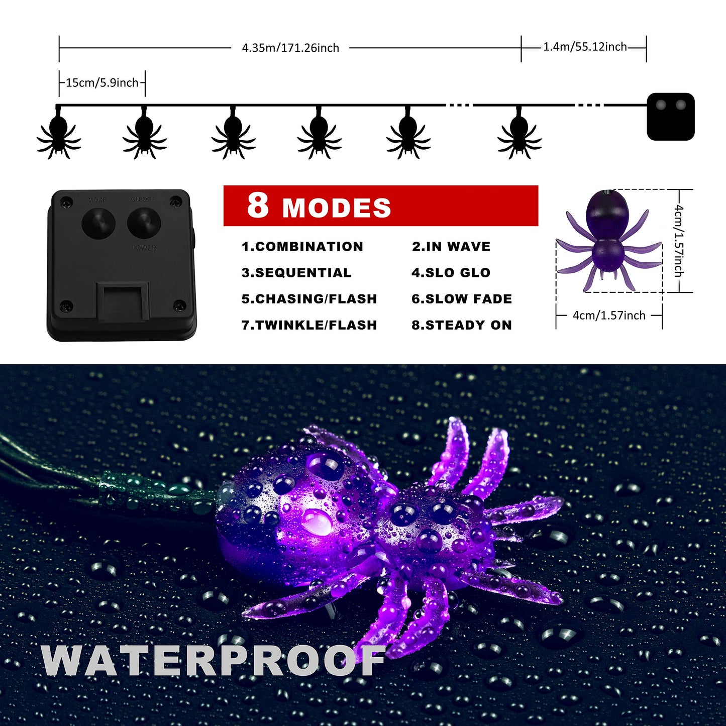 Qunlight Halloween Solar Lights, 2Pack 30 LED 20ft Purple Spider String Light with 8 Modes,Solar Power Waterproof Fairy Lights for Halloween Party,House,Garden,Yard Decoration Indoor Outdoor