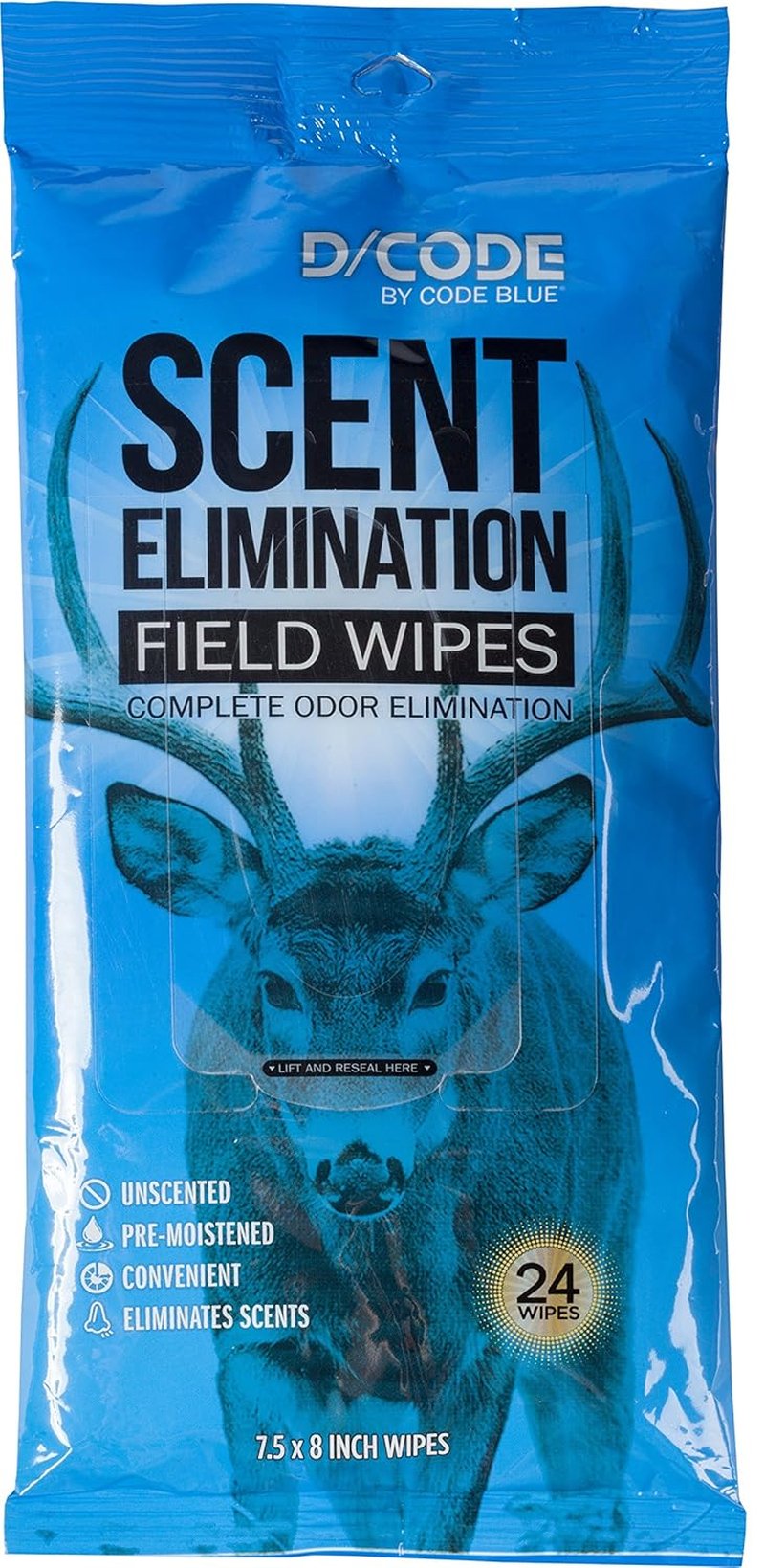 Code Blue Scent Elimination Wipes - Unscented, 24 Count Pack for Odor Control