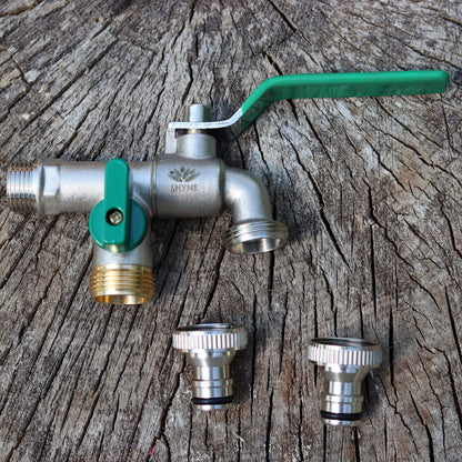 SHYNE Premium 3/4'' BSP (1.04 Inch) Brass Double Water Tap - Rust and Frost Resistant + 2X Hose Connectors + E-Book | for Garden, Washing Machine, Rain Barrel