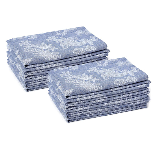 Encasa XO Blue Cloth Napkins Set of 12, 18x18 in | Floral Jacquard Homespun Cotton Dinner Napkins | Washable & Reusable Wedding Napkins for Holiday Dining, Parties, & Everyday Table Décor