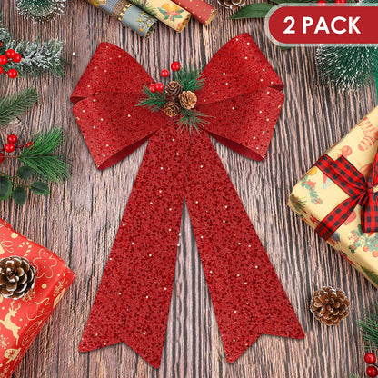 MCEAST 2 Pack Red Christmas Bows 12 x 18 Inches Xmas Wreaths Garland Bows with Pinecones for Christmas Tree Ornaments Sets Indoor Outdor Decoration