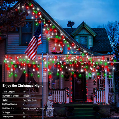 2 Pack Red White Green Christmas Icicle Lights Battery Operated, Total 204 LED Twinkle Icicle Lights 20Ft Clear Wire with 8 Lighting Modes Timer Function for Outdoor Indoor House Party Decoration