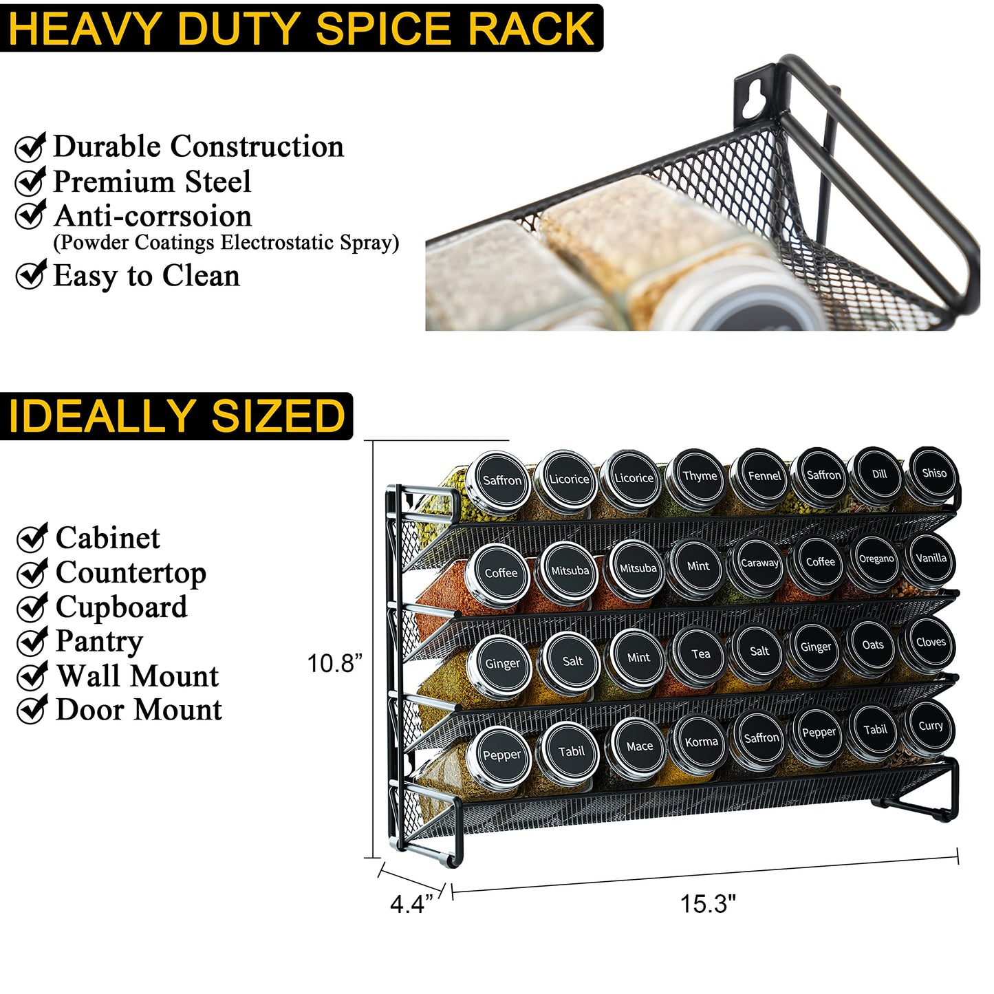 SpaceAid Spice Rack Organizer with 28 Spice Jars, 386 Spice Labels, Chalk Marker and Funnel Set for Cabinet, Countertop, Pantry, Cupboard or Door & Wall Mount - 28 Jars, 13.4" W × 10.8" H, Black