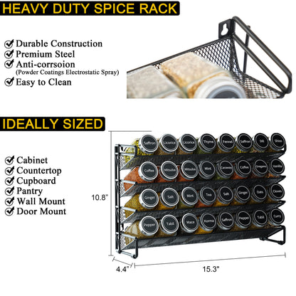 SpaceAid Spice Rack Organizer with 28 Spice Jars, 386 Spice Labels, Chalk Marker and Funnel Set for Cabinet, Countertop, Pantry, Cupboard or Door & Wall Mount - 28 Jars, 13.4" W × 10.8" H, Black