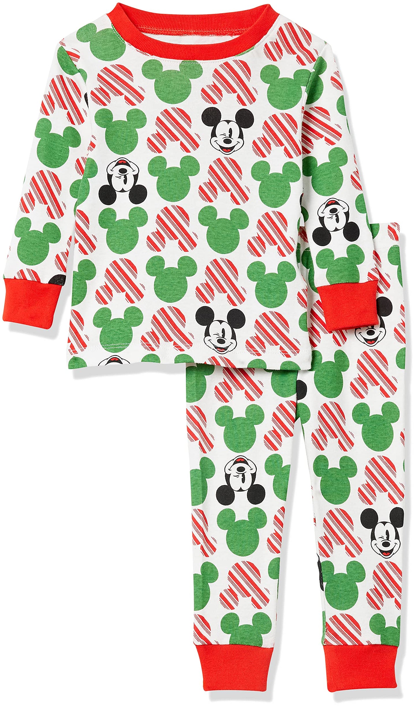 Amazon Essentials Disney | Marvel | Star Wars Unisex Babies' Snug-Fit Cotton Pajama Sleepwear Sets, Mickey Holiday - Baby and Kids, 18 Months