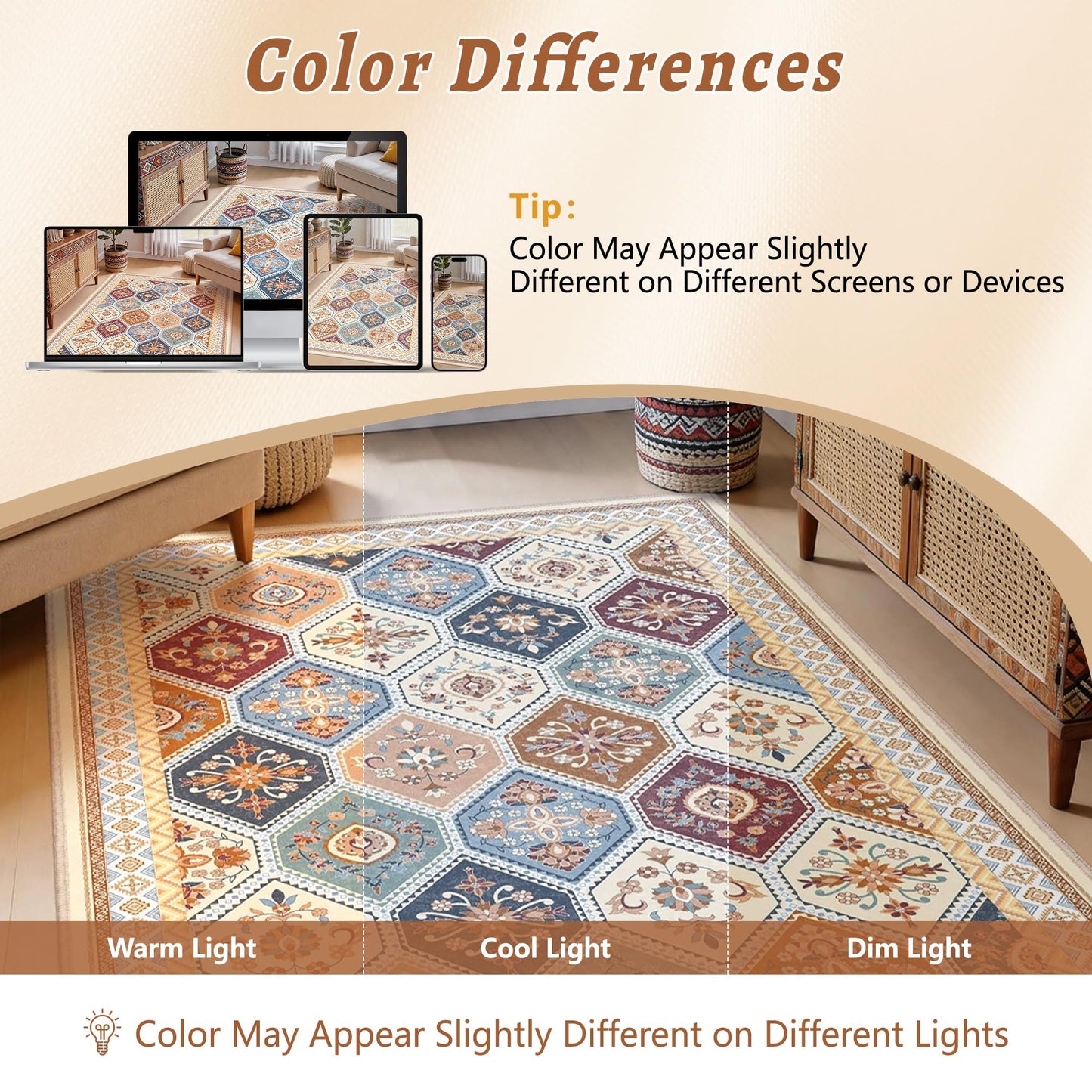 TTelephant 4x6 Area Rug, Soft Non-Slip Boho Moroccan Rug, Low-Pile Printed Indoor Washable Area Rugs for Living Room, Bedroom Bedside, Entryway, Kitchen - Multi