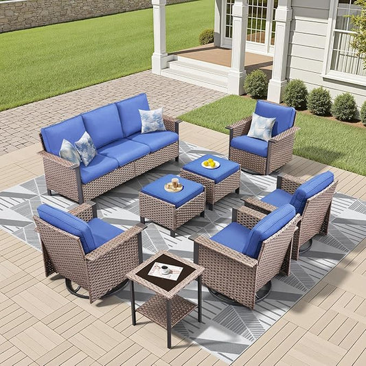 Outdoor Patio Furniture Set-8 Pieces All-Weather Wicker 3 Seater Sofa with Swivel Rocker Patio Chairs Set of 4, Wicker Outdoor Conversation Sets for Porch Deck Backyard Brown/Beige