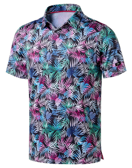 Obla Mens Golf Polo Shirts Short Sleeve Dry Fit Performance Moisture Wicking Casual Print Collared Golf Shirts for Men(Colored Palm Leaves_M)