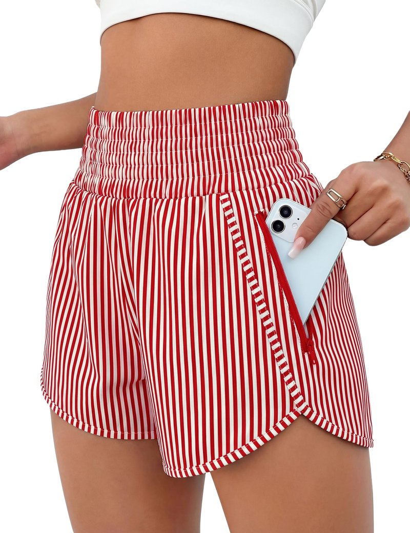 BMJL Women's Athletic Shorts High Waisted Running Short Pocket 2.5" Sporty Shorts Gym Elastic Workout Shorts(M,Red Striped)