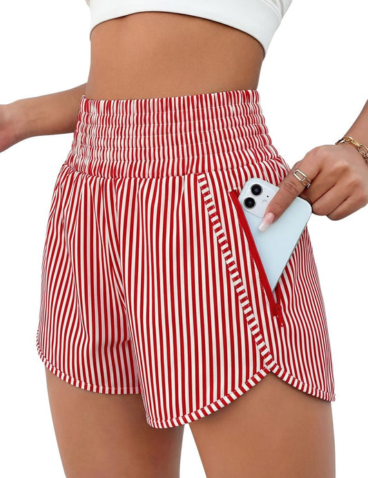 BMJL Women's Athletic Shorts High Waisted Running Short Pocket 2.5" Sporty Shorts Gym Elastic Workout Shorts(S,Red Striped)