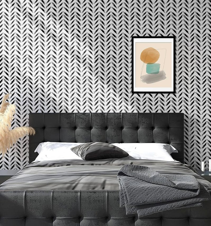 Micpolo Black and White Peel and Stick Wallpaper Modern Self-Adhesive Contact Paper Thicken Waterproof Easy to Clean Decorative Removable Wall Paper Herringbone for Bedroom Bathroom 17.3in x 78.7in