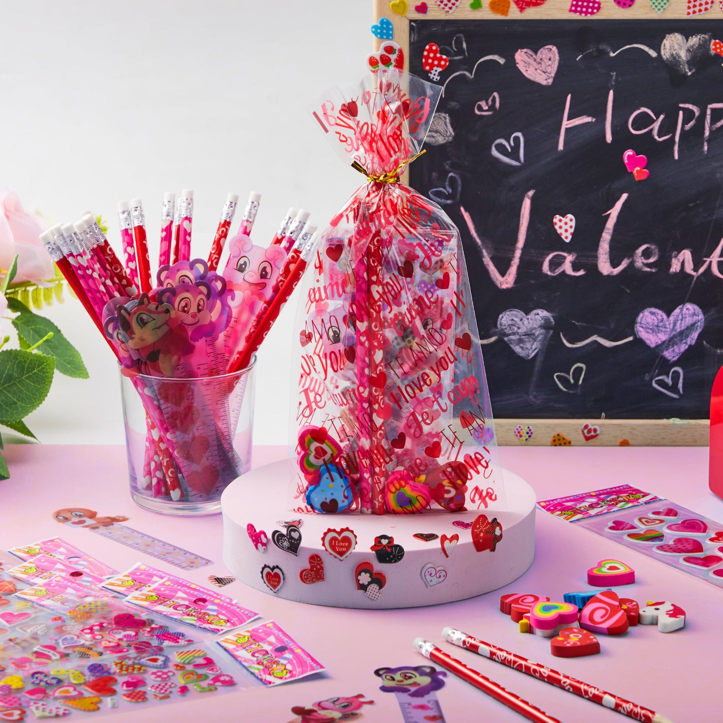 JOYIN 24packs Valentines Day Stationery Gifts, 96pcs Party Favor with Pencil, Erasers, Notebook & Bags for Kids School Classroom Exchange Supplies