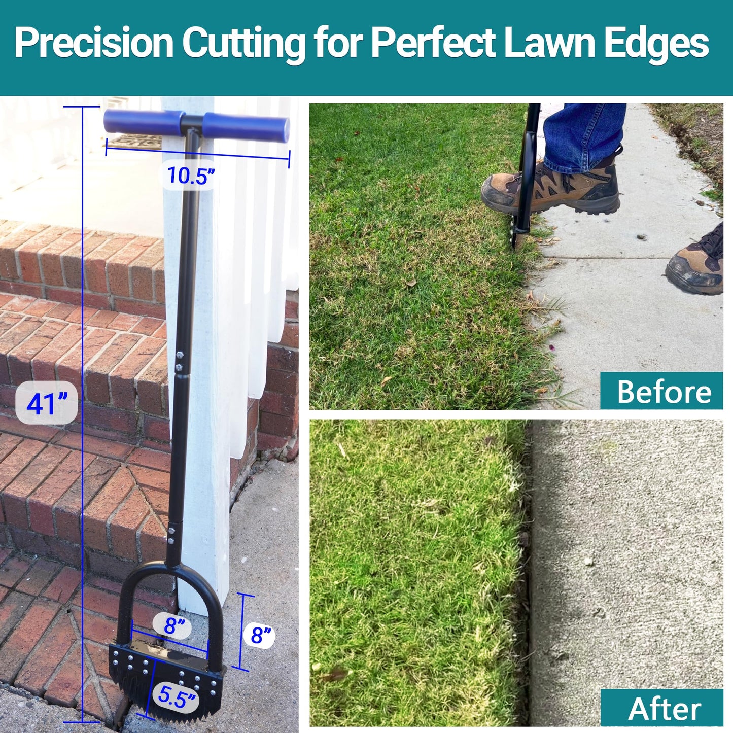CKLT Edger Lawn Tool 41in Border Edger with Tempered Spring Steel Blade Long Rubber Handle Wide Footplate Rustproof Manganese Steel Half Moon Edger for Garden Maintenance