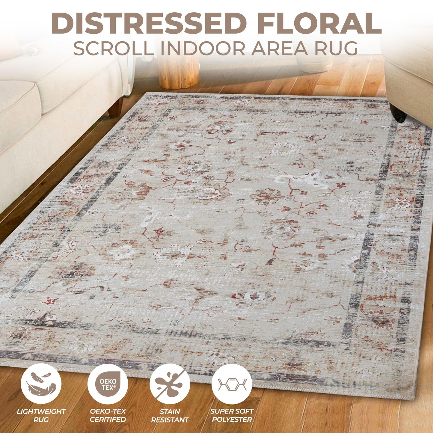 Superior Floral Scroll Washable Runner Rug, Cotton Backing, Carpet for Dining Table Mud Room, Non-Slip Rug for Hallway, Entry, Kitchen, Low Pile Area Rug, Swan Collection, 5' x 7', Ivory
