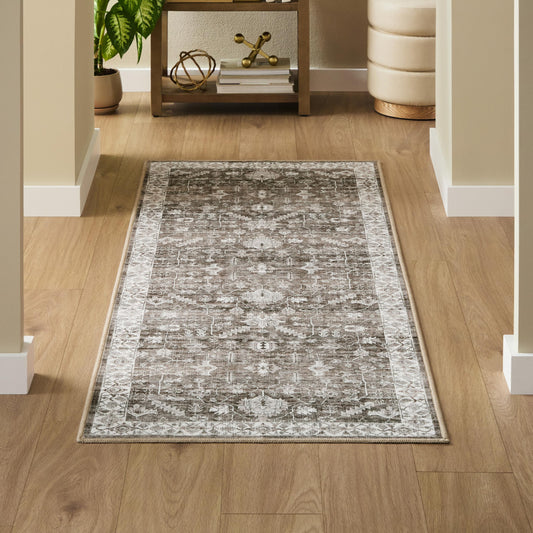 EVERWASH Haven Distressed Border Machine Washable Area Rug with Airflo Technology for Easy Clean, Ultra-Soft Non-Slip Rug with Built-in Pad, Pet, Family & Allergy Friendly Rug, Brown, 2'6"x7'