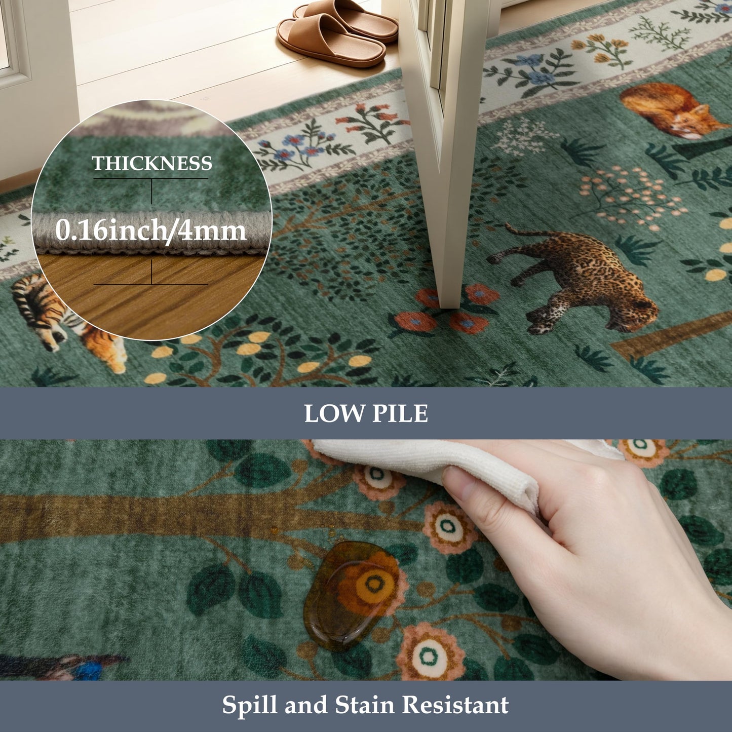 Y-BEST Washable 4x8 Kitchen Area Rug: 8ft Low Pile Wide Rugs for Bedroom Home Office Soft Animal Botanical Print Pattern Non-Slip Backing Carpet for Dining Room Entryway Bathroom (4x8 Forest Green)