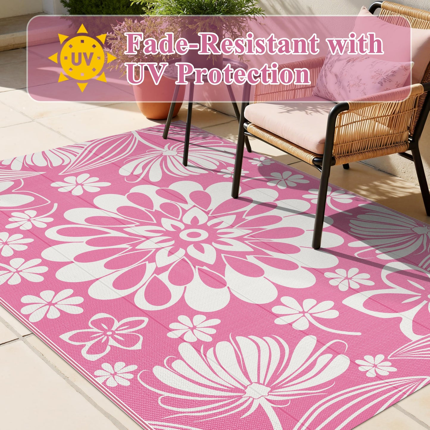 Ileading Outdoor Patio Rug, Pink Floral Reversible Outdoor Rug, Waterproof Plastic Straw Mat, Portable Outside Deck Area Rug, Camping RV Carpet for Porch Balcony (5×8 ft)