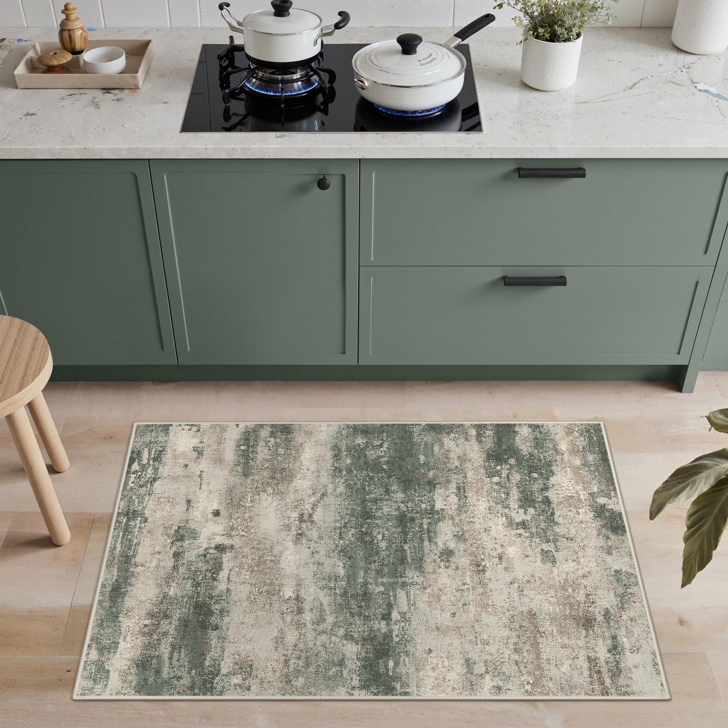 GENIMO 2x3 Rugs for Entryway, Washable Bathroom Kitchen Rugs Non Slip, Modern Abstract Soft Small Area Rug Indoor, Low Pile Throw Carpet, Sage Sand