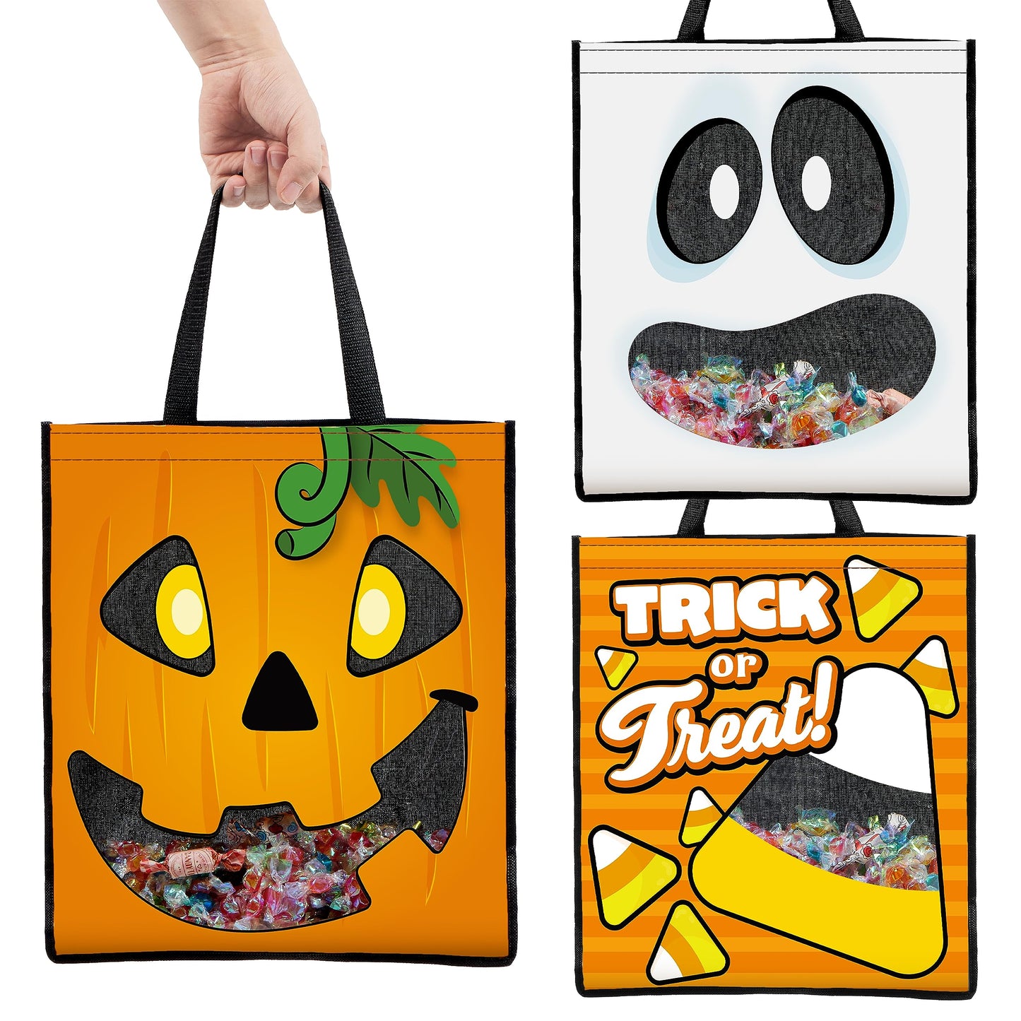 JOYIN 3 PCS Halloween Large Tote See-through Bags, 22.5” x 13.4” Halloween Goodie Candy Bags for Kids Trick or Treating, Grocery Shopping Gifts Tote with Handles, Classroom Party Favor Supplies