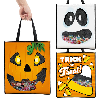 JOYIN 3 PCS Halloween Large Tote See-through Bags, 22.5” x 13.4” Halloween Goodie Candy Bags for Kids Trick or Treating, Grocery Shopping Gifts Tote with Handles, Classroom Party Favor Supplies