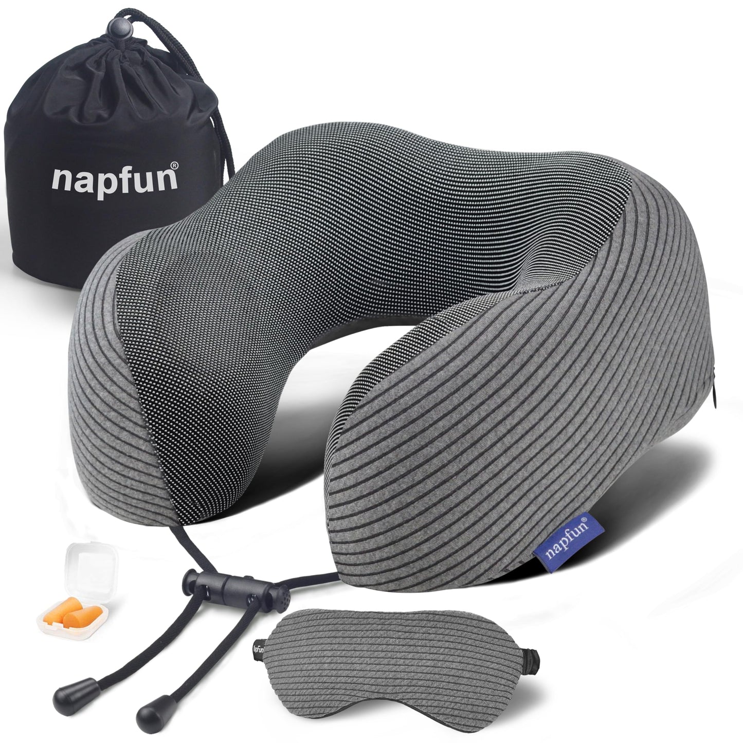 napfun Neck Pillow for Traveling, Upgraded Travel Neck Pillow for Airplane 100% Pure Memory Foam Travel Pillow for Flight Headrest Sleep, Portable Plane Accessories, Light Grey