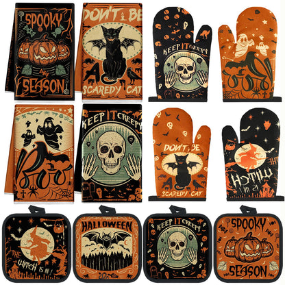 SiliFine 12 Pcs Halloween Kitchen Towels Pot Holders and Oven Mitts Set 4 Ghost Dish Towels 4 Gothic Witchy Oven Mitts 4 Spooky Pumpkin Pot Holders for Halloween Home Cooking Dish Baking Decorative