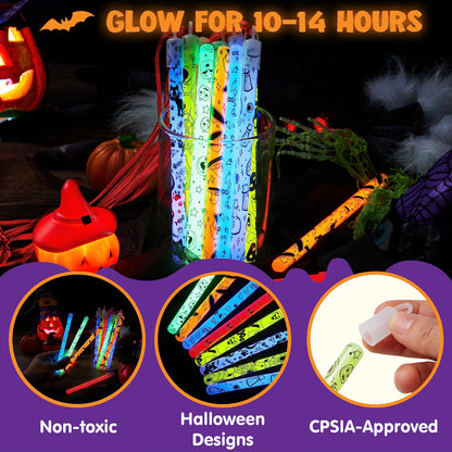 JOYIN 24 Pcs Halloween Glow Stick Hanging Wands in 8 Different Pattern Designs and 6 Colors for Kids Party Favors, Halloween Party Supplies, Glow in the Dark, Goodies Bags Fillers, Non Candy Treats