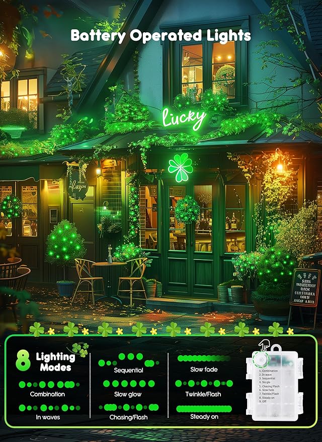 33Ft 100 LED Outdoor String Lights, Green Fairy Lights Battery Operated with Remote, Waterproof Twinkle Lights for Bedroom Dorm Patio Tapestry Backyard Garden Party Indoor St. Patrick Decoration