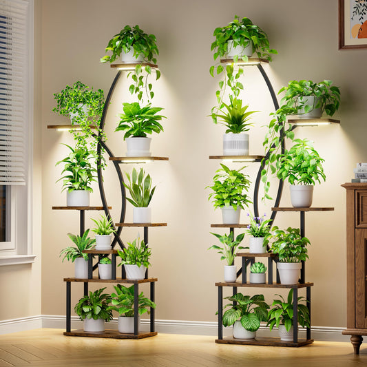 Plant Stand Indoor with Grow Lights - 8 Tiered Tall Plant Shelf, 65" Metal Corner Shelf for Indoor Plants Multiple, Large Curved Half-Moon Flower Holder Stand Display Rack for Patio, Home, 2 Pack