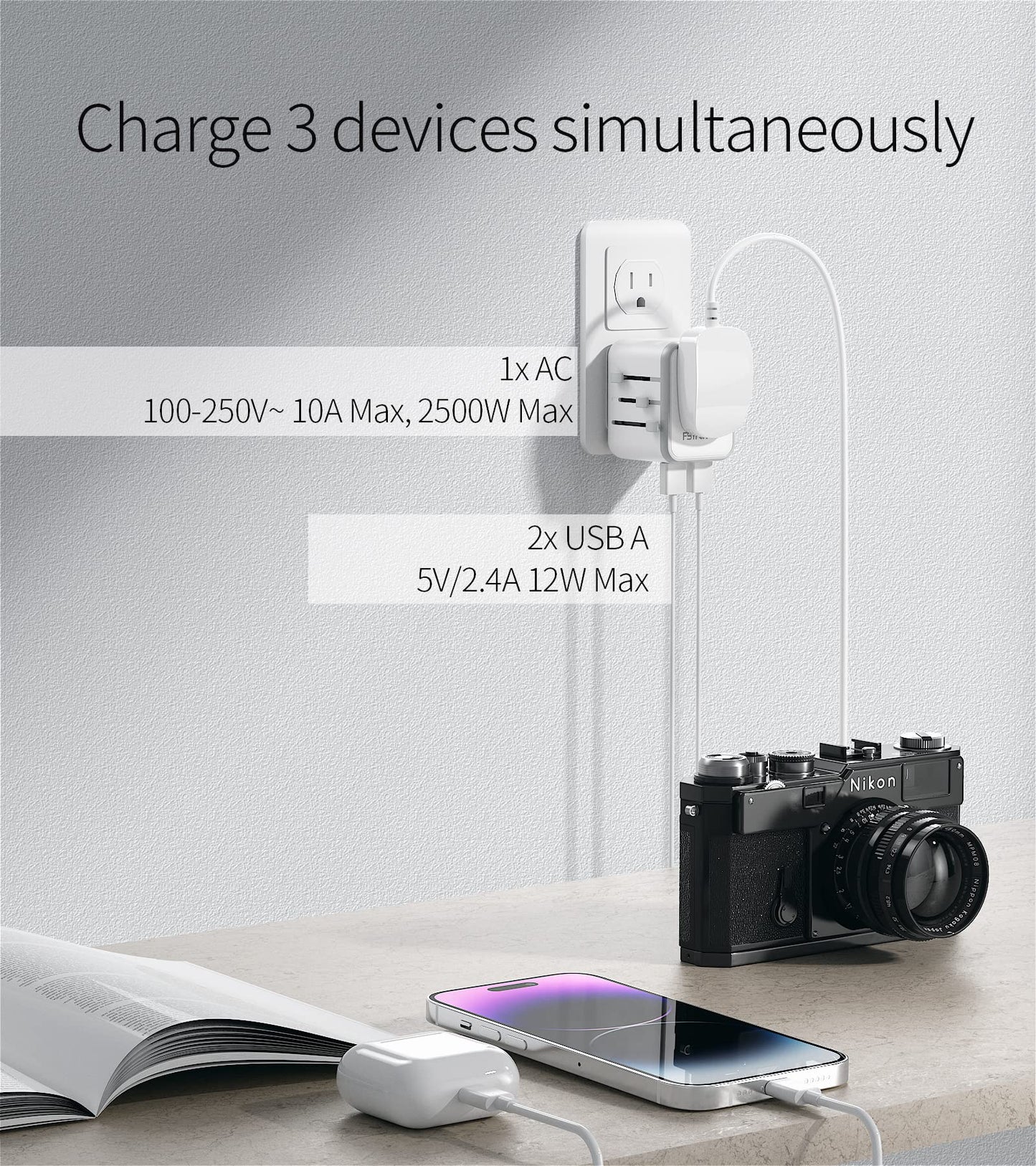 Worldwide Travel Adapter with USB, FSTravelP Universal Plug Adapter with 2 USB & International AC Socket, Dual 10A Fuses, All In One Travel Plug Adapter Worldwide for USA UK EU AU CN 150+ Countries