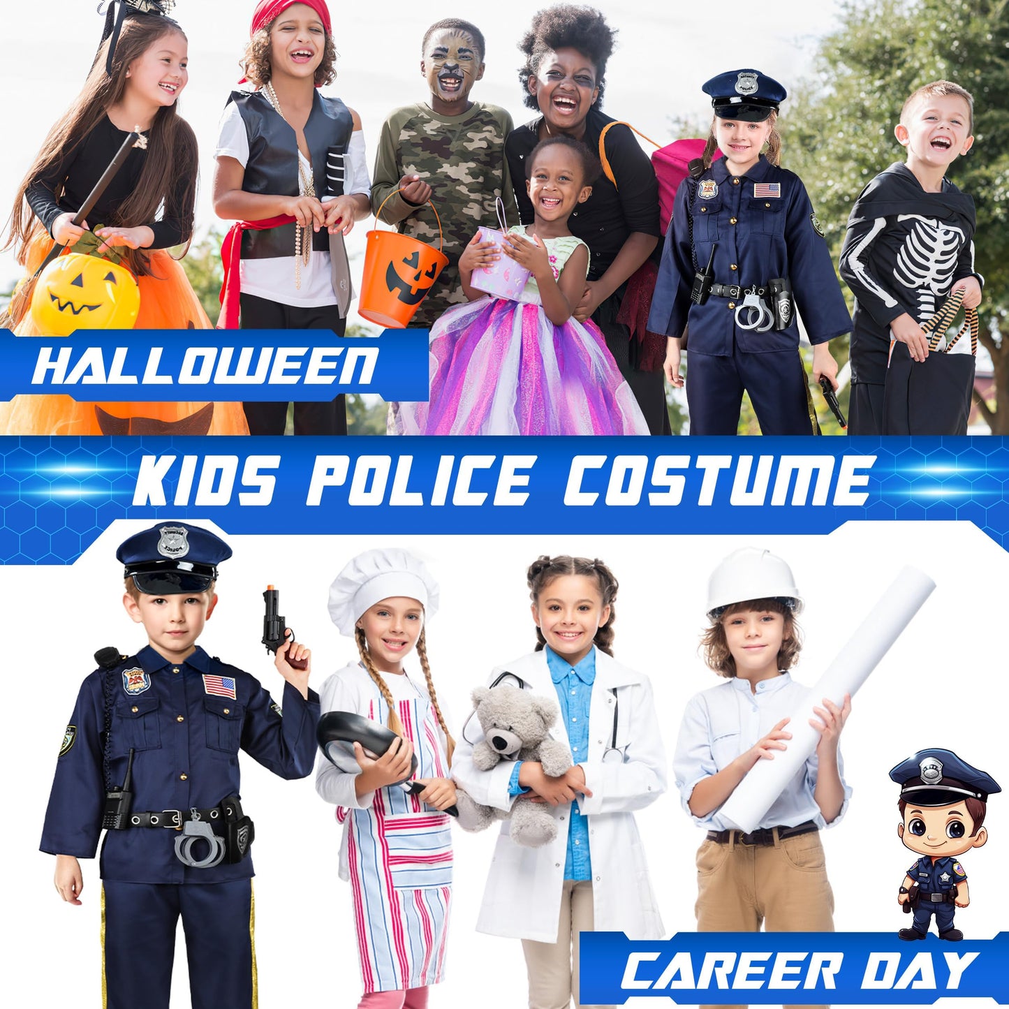 Joycover Police Officer Costume for Kids - Deluxe Police Costume for Kids with Accessories, Kids Halloween Costumes for Boys Girls, Cop Outfit Role Play Kit for Halloween Career Day-S