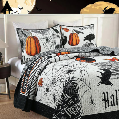 MarCielo 3 Pcs Halloween Themed Quilt Bedspread Set - Cozy and Spooky Pumpkin and Ghost Pattern (Halloween, Queen)