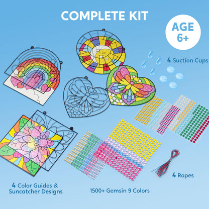 Klever Kits Suncatcher Craft Kit for Children,4 Designs Arts and Crafts for Kids Age 6 7 8 9-12,Gem Diamond Painting Craft Kits,Window Gem Art Set,Birthday Gift for Girls Age 6-12