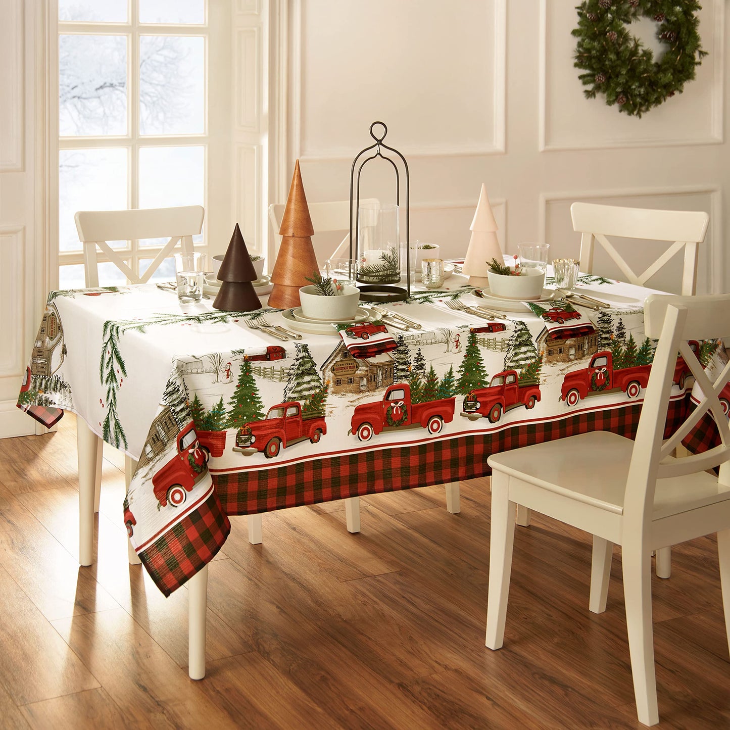 Elrene Home Fashions Vintage Truck Christmas Tree Farm Polyester Tablecloth, 60"X84", Rectangle