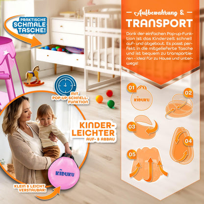 KIDUKU® Childs Play Tent Pop-Up + 100 Balls + Carrying bag Play house Ball pool Castle for Indoor and Outdoor use 3 In 1 Playground for Children Baby Kids (Pink)
